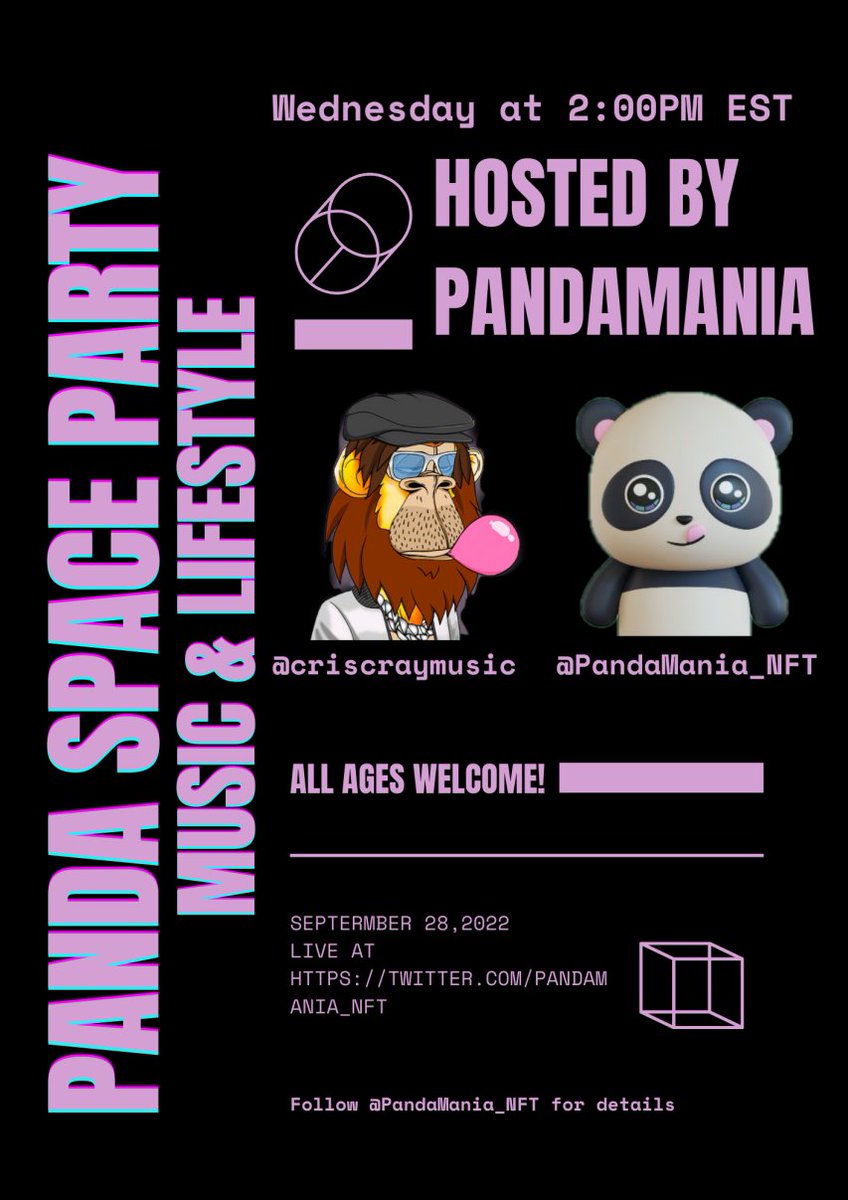❤️, RT &amp; TAG 3 for chance at FREE PANDA NFT!!!

MUST FOLLOW: <a href="/criscraymusic/">Cris Cray</a> &amp; <a href="/PandaMania_NFT/">PandaMania</a> 

Come VIBE with us - chat about MUSIC &amp; LIFESTYLE with the one and only <a href="/criscraymusic/">Cris Cray</a> !!!

Going to be such a great space.  I can't wait to hear some wisdom!

x.com/i/spaces/1vOxw…
