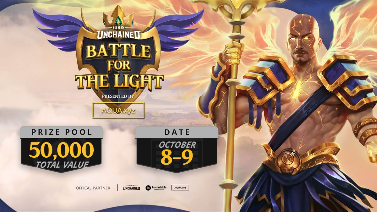 Mortals, prepare your blades for TOURNAMENTS ⚔️🏆
𝐁𝐀𝐓𝐓𝐋𝐄 𝐅𝐎𝐑 𝐓𝐇𝐄 𝐋𝐈𝐆𝐇𝐓 by @aquadotxyz 
🗓️ 8-9 Oct
🏆 $53,000 USD (USDC, $GODS &amp; card packs)
🔮playgu.co/bftl

Register today
👉Amercias/APAC- playgu.co/bftlnaapac
👉EMEA/CIS - playgu.co/bftlemeacis