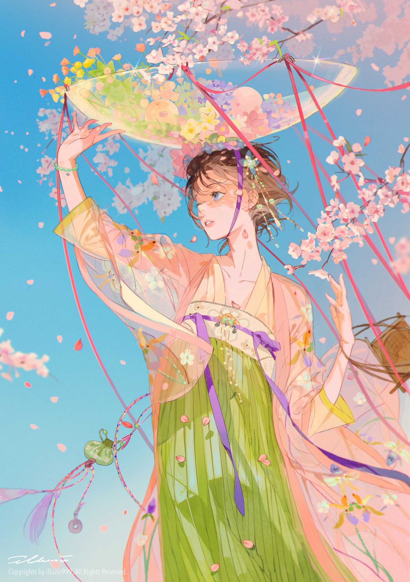 1girl solo flower jewelry chinese clothes cherry blossoms sky  illustration images