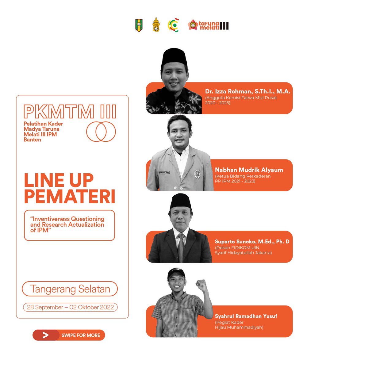 Hallo #PelajarVisiojer sudah siapkah mengikuti PKMTM III Banten?

Berikut adalah line up pemateri yang sepak terjangnya tidak perlu diragukan lagi.

Sampai bertemu di Gedung Dakwah Muhammadiyah Tangerang Selatan &amp; Asrama Haji Pondok Gede.