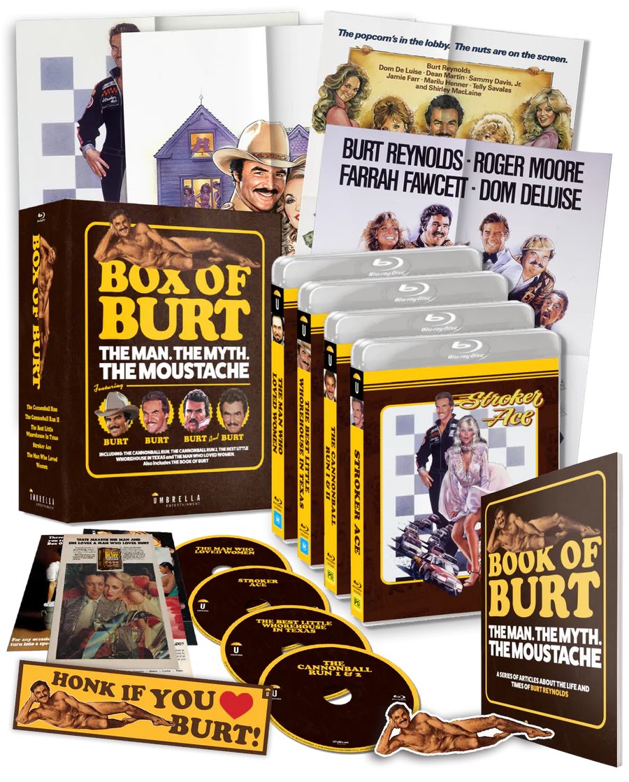 dawnofthediscs's tweet photo. ***NEW TITLE ANNOUNCEMENT***
Coming to Blu-ray 12/7 from @UmbrellaEnt 

Box Of Burt Collector's Edition: Burt Reynolds Collection (+Posters +Air Freshener +Ad Cards +Sticker)

https://t.co/Vv0qUkjUjI

#FilmTwitter #UmbrellaEnt #BurtReynolds https://t.co/jbBjWxnCyK