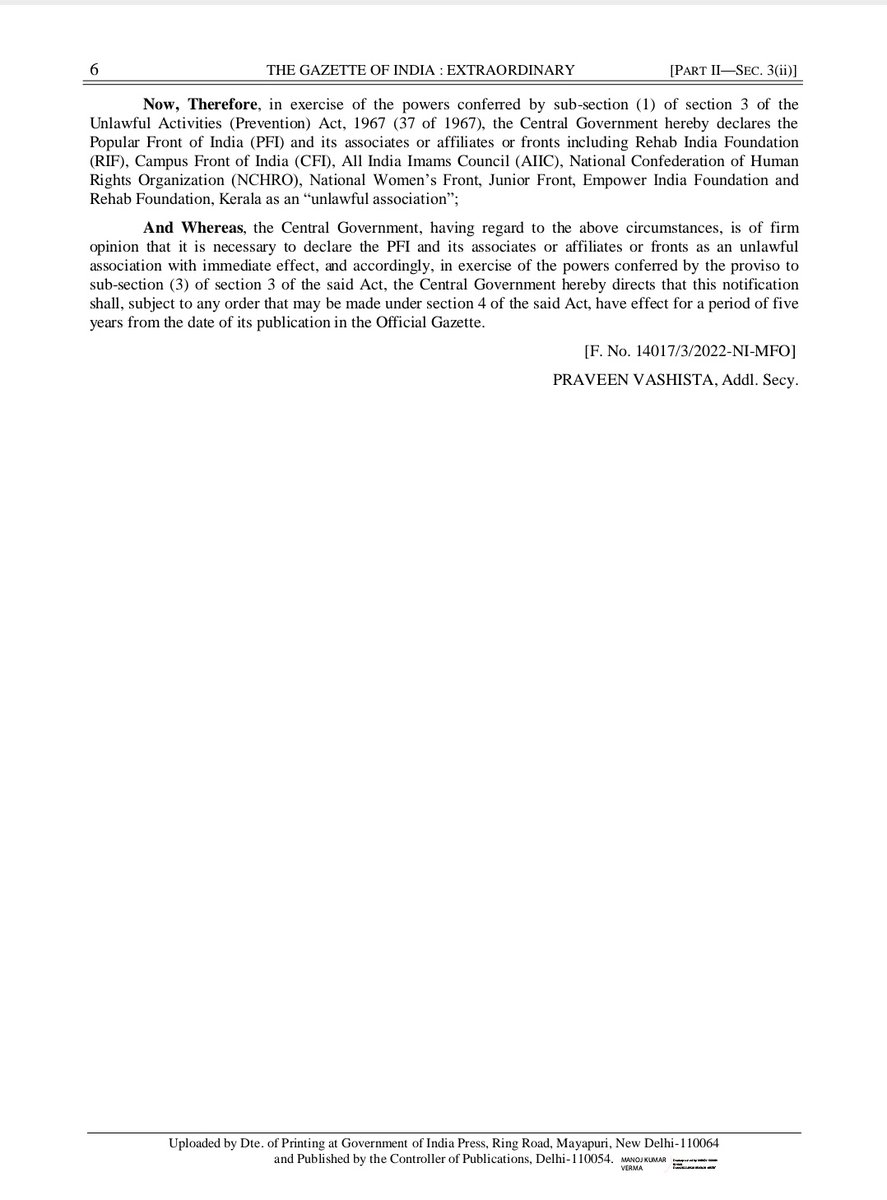 path2shah's tweet photo. Govt of India has declared #PFI ,#CFI, #RIF, #AIIC , #NCHRO ,#NWF,JF ,#EIF and RF Kerala as an unlawful association for a period of five years.. @PFIOfficial @sdpofindia @CampusFrontInd https://t.co/grKN2VRcWK