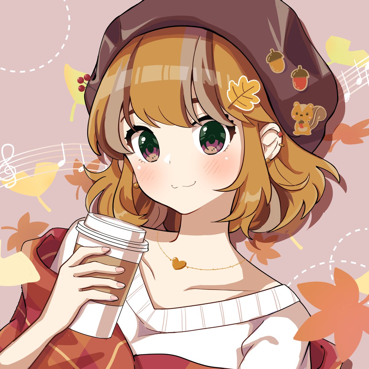 1girl solo cup brown hair hat jewelry holding cup  illustration images