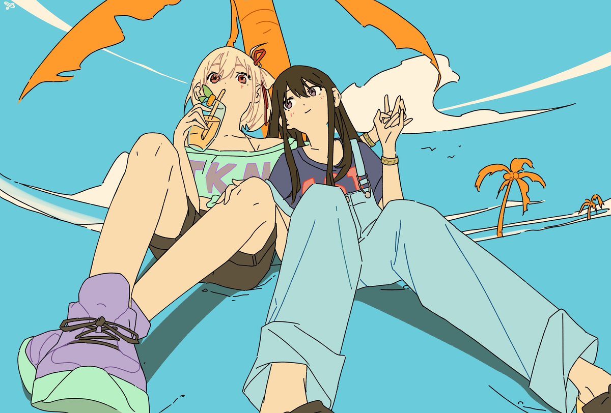 inoue takina ,nishikigi chisato multiple girls 2girls blonde hair overalls black hair long hair shirt  illustration images