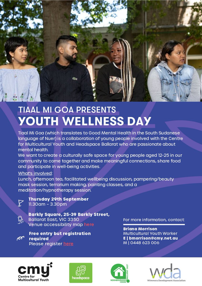 Tiaal Mi Goa: YOUTH WELLNESS DAY
Thu 29 Sep, 11.30am - 3.30pm
Barkly Square, 25-39 Barkly St, Ballarat

A culturally safe space for young people 12-25 to come together and make meaningful connections, share food and participate in well-being activities.
eventbrite.com/e/youth-wellne…