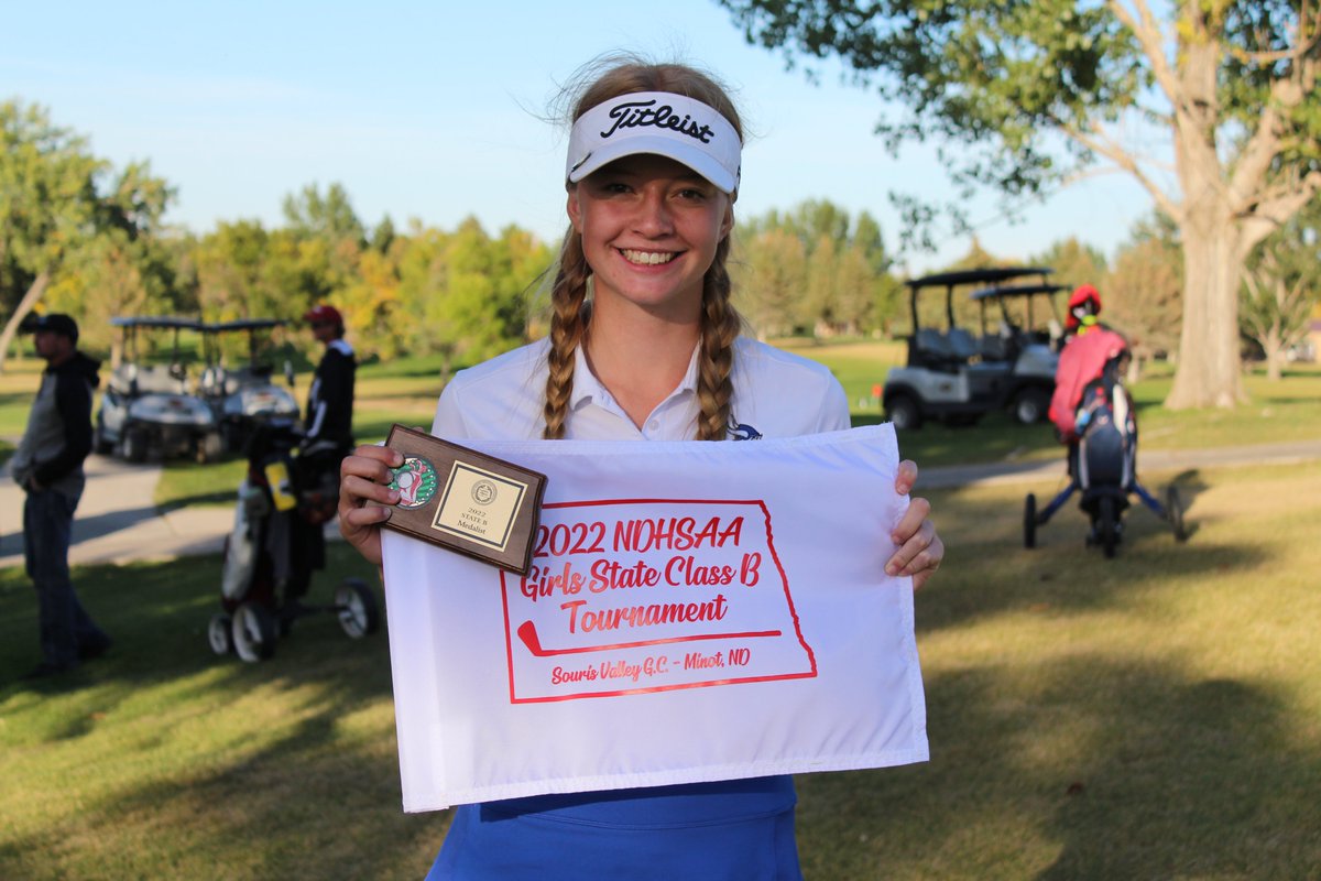 NDHSAA's tweet photo. Kindred's Avery Bartels three-peats as Class B girls golf medalist, Oak Grove wins team title | NDHSAA NOW STORY: https://t.co/1UZIuB9J8o #NDHSAA #NDpreps https://t.co/TrFf1OXTWR