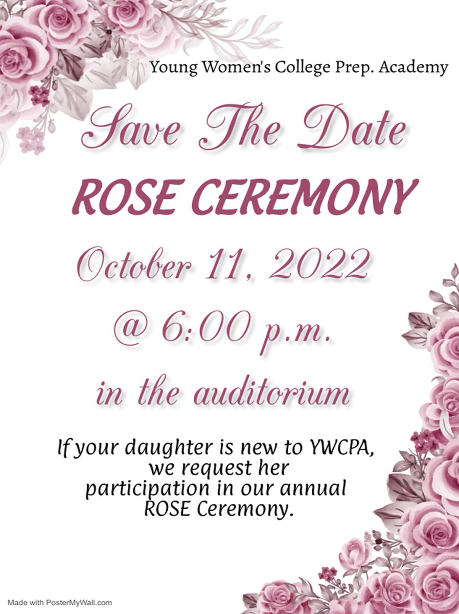 If your daughter is new to YWCPA this year, we request her participation in our annual ROSE induction ceremony on Tuesday Oct 11, 2022 at 6:00pm.