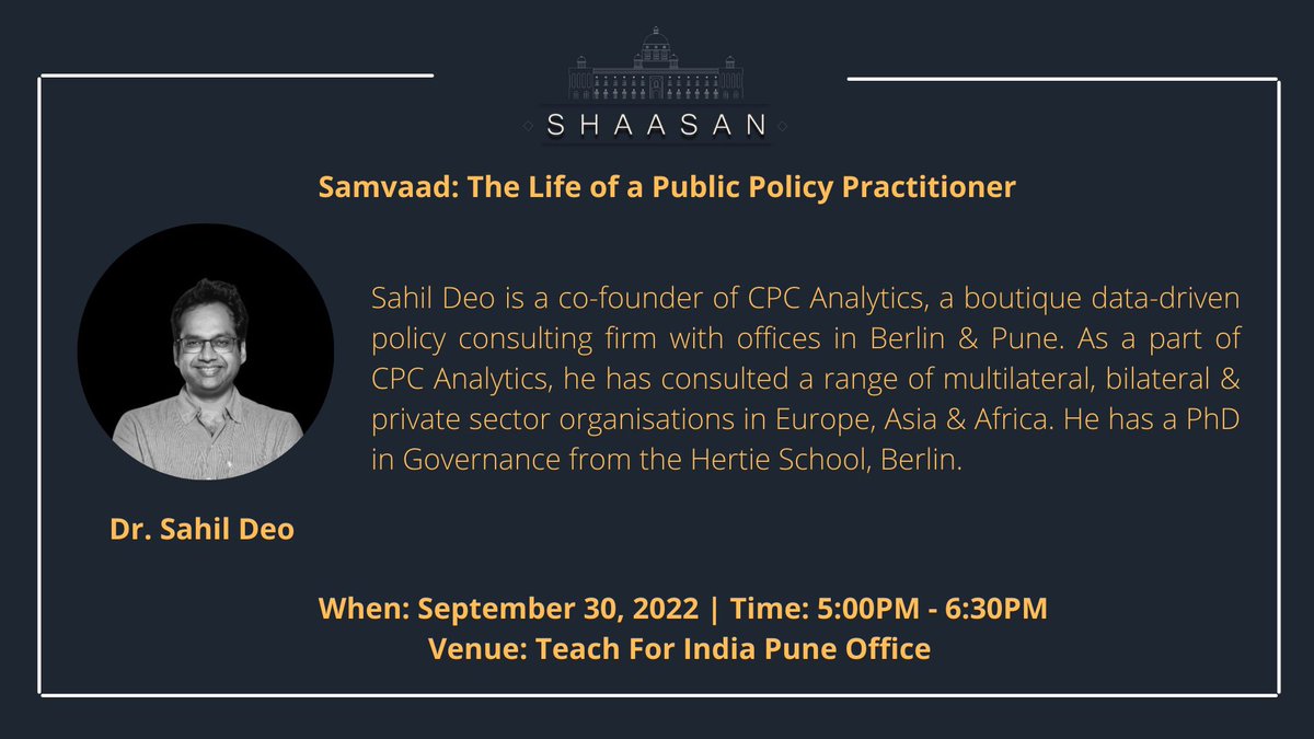 Looking forward to sharing my experience in public policy as a part of <a href="/cpcEU/">CPC Analytics</a> at this event organised by <a href="/TeachForIndia/">Teach For India</a> in #Pune 

Hoping for more public policy entrepreneurs in #India! 

<a href="/aparanjape/">Amit Paranjape</a> <a href="/vikramsathaye/">Vikram Sathaye</a> <a href="/Girbane/">Prashant Girbane</a> <a href="/sudhirmehtapune/">Dr. Sudhir Mehta</a> <a href="/cIndraneel/">Indraneel Chitale</a> <a href="/MulaMutha/">Dr Uday S Kulkarni</a> <a href="/SidShirole/">Siddharth Shirole</a>