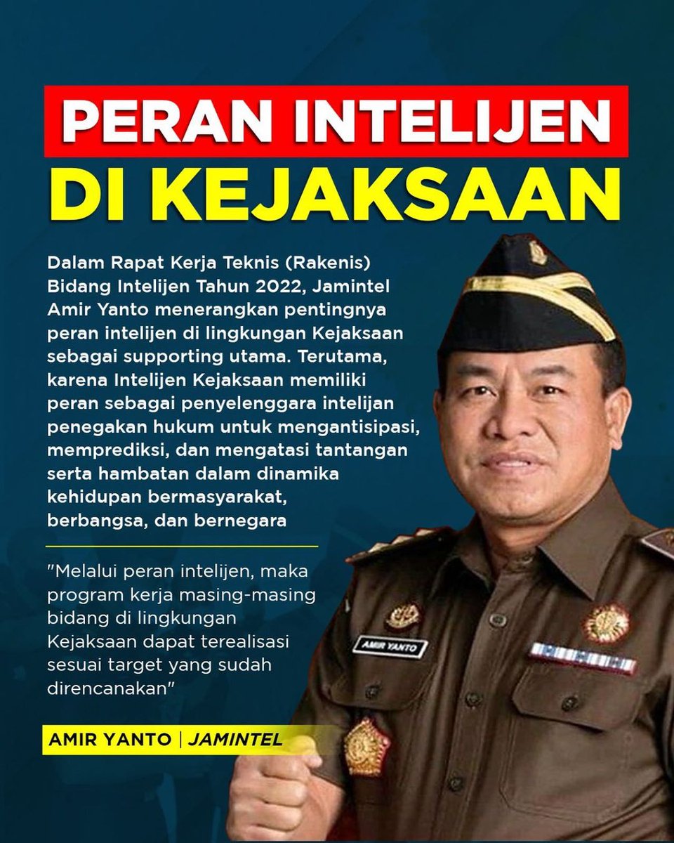 jaksapedia's tweet photo. Biasanya hanya Jampidsus dan Jampidum yang sering muncul di feed Jakmin, tapi kali ini giliran Jamintel Amir Yanto. Pak Jamintel ternyata punya banyak rencana sebagai support system Pak Jaksa Agung @ST_Burhanuddin. Tapi, apa sih yg dikerjakan Intelijen di Kejaksaan itu? https://t.co/NMLMB2MyCk