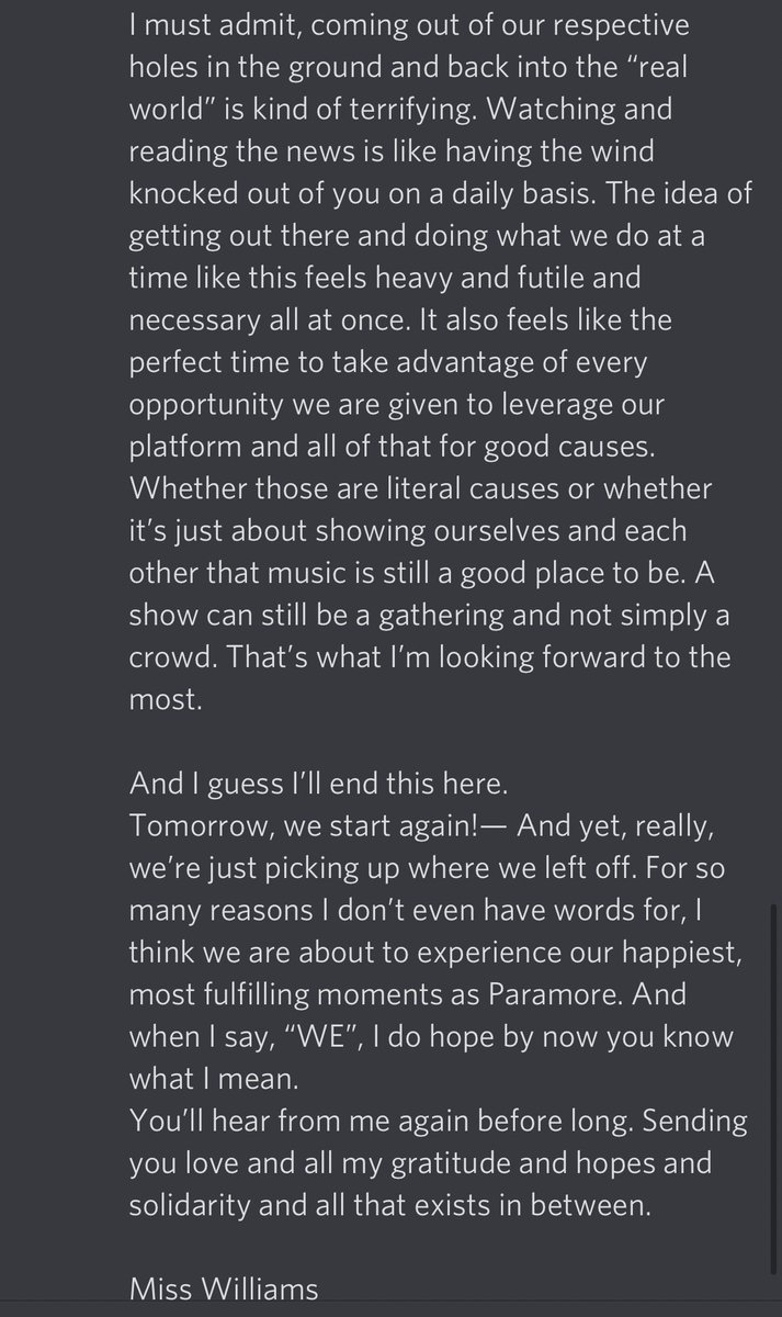 YELYAHPOI's tweet photo. a small note from hayley, the new paramore era officially begins tomorrow https://t.co/AP4WnffC7X