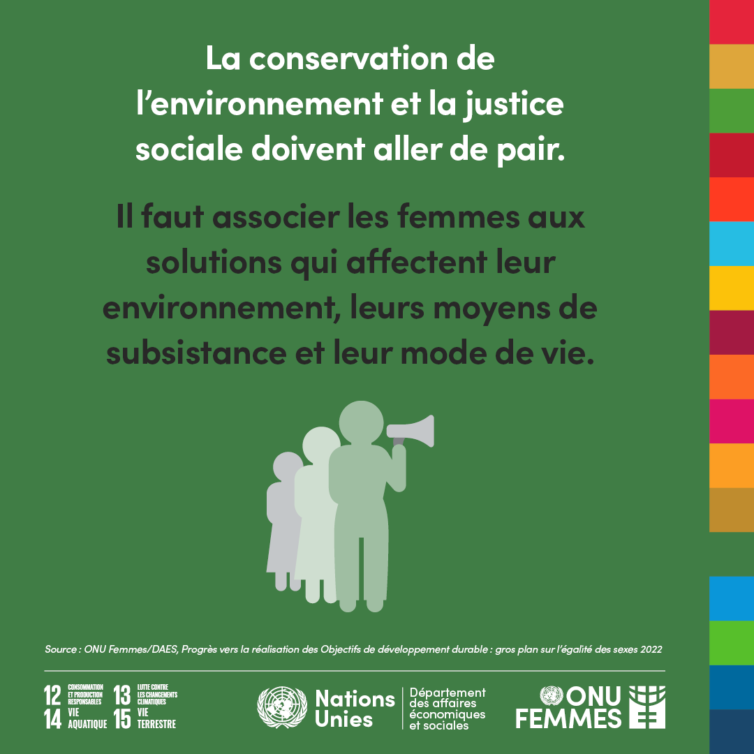 Les femmes devraient être associées à TOUTES les discussions autour de l’action climatique & de la conservation. Ces discussions et décisions affectent l’environnement des femmes, leurs communautés, leurs moyens de subsistance & leur mode de vie. unwo.men/SY7m50KJLfg #SDG5