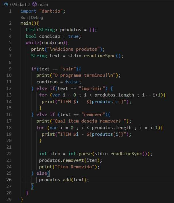 pixelpreto's tweet photo. Day 96 of #100DaysOfCode 

Lista de compras:
- (C)reate (add itens ao array);
- (R)ead (imprime na tela);
- (U)pdate (atualiza itens do array);
- (D)elete (remove items do array).

#Dart #Flutter #VSCode #Coding #Programming #Code #Developers #Tech #SideProject #LearningHowToCode https://t.co/iDTOyEj17Y