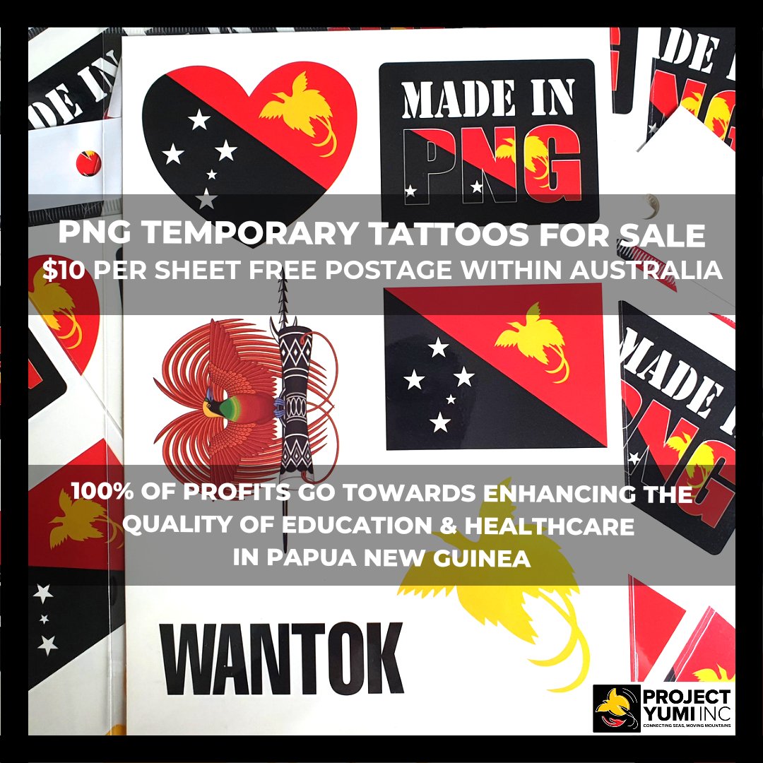 projectyumiinc's tweet photo. We still have temporary tattoos left for you to purchase some for your next event or just to wear!
$10 per sheet of 6 tattoos (free postage)
💯% of profits go towards helping Project Yumi enhance the quality of education &amp; healthcare in PNG

Contact us for details https://t.co/nkEFgSzAZh