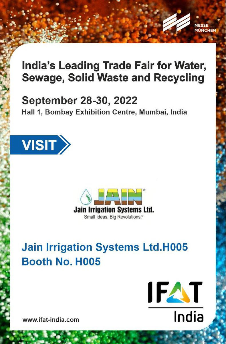 JainIrrigation's tweet photo. Visit our stall in India’s leading #TradeFair for water, sewage, solid waste &amp; recycling! ♻️

#KeepItRight with #JainIrrigation

#Tradeshow #Expo @JainPlumbing #JISL #IFAT https://t.co/BxEMVqQlrH