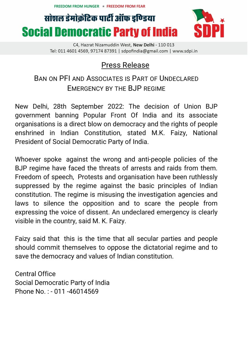 Shahida32083030's tweet photo. Ban on PFI and Associates is Part of Undeclared Emergency by the BJP regime
#PFI @PFIOfficial @MKFaisy https://t.co/vqKsLOy0rs