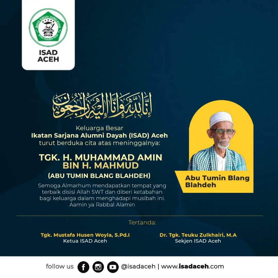 isadaceh's tweet photo. Aceh kembali kehilangan sang Pelita kehidupan ummat di bumi Serambi Mekkah
انا لله و انا اليه راجعون
رحم الله الفاضل العلامة الشيخ محد امين محمود
وغفر له وخفف المصاب عن أهله ومحبيه
اللهم ارحمنا وارحم المسلمين وخفف عنا مصابنا وتقبل أعمالنا واختم لنا بالحسنى اللهم آمين
#abutumin https://t.co/Ys8nsZ5wK2