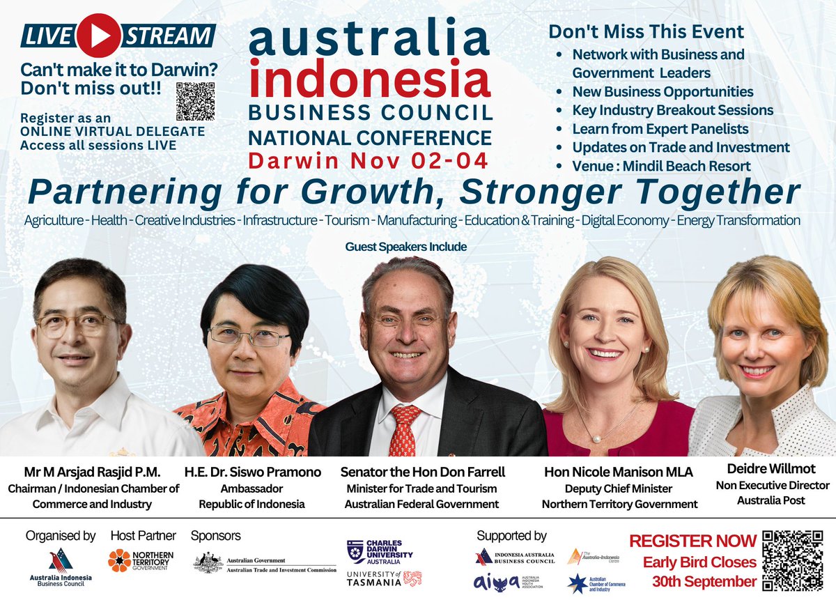 We hope that you have your calendars marked, because we’re only weeks away from the premiere of the Australia Indonesia Business Council’s National Conference for 2022 (AIBC22).  
Register now at lnkd.in/gZBhwpjR
<a href="/Austrade/">Austrade</a> <a href="/DFAT_TradeTalk/">DFAT Trade Talk 🇦🇺</a> <a href="/IIPCsydney/">IIPC Sydney</a> #aibc22