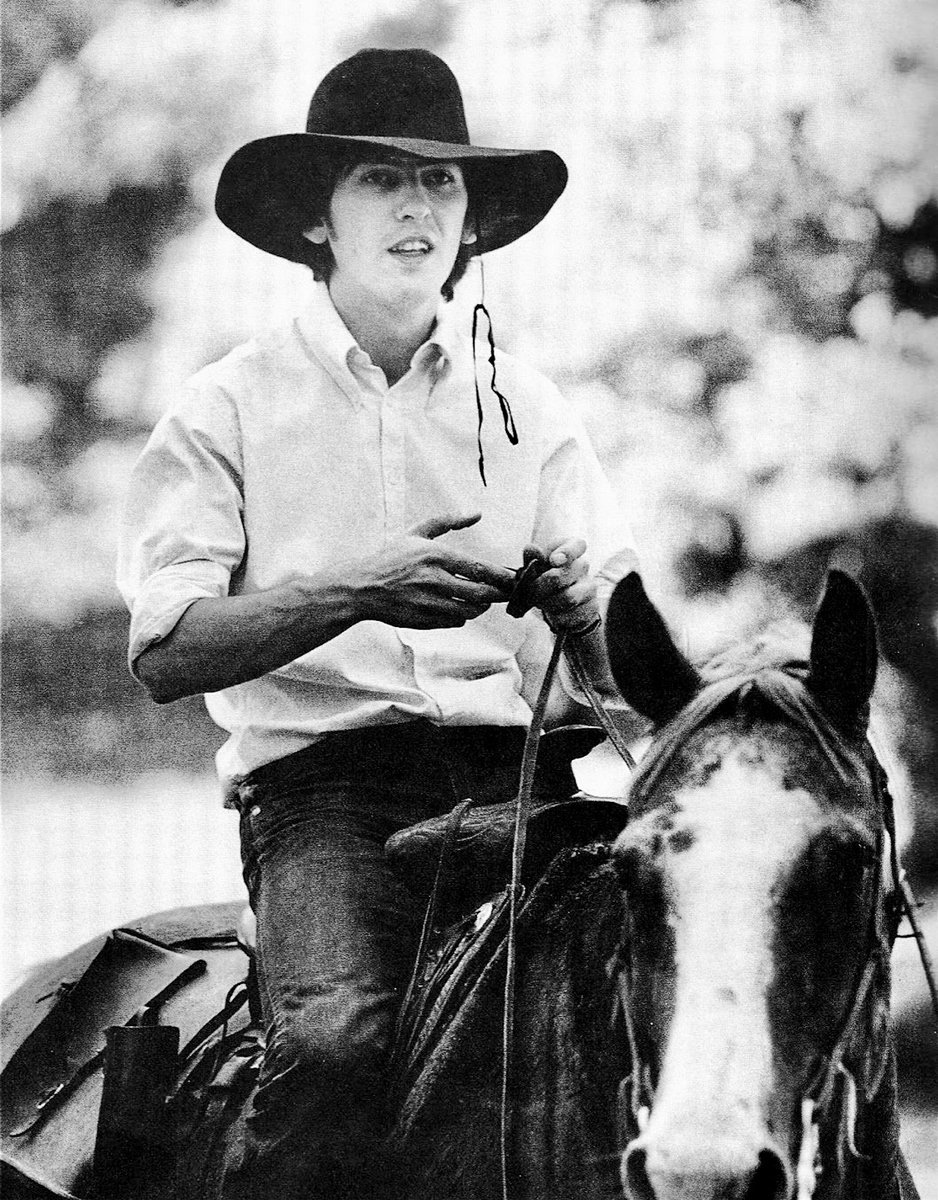 George Harrison looking dashing riding a horse on a ranch in Alton, Missouri, 19th September 1964. A long way from Wavertree.