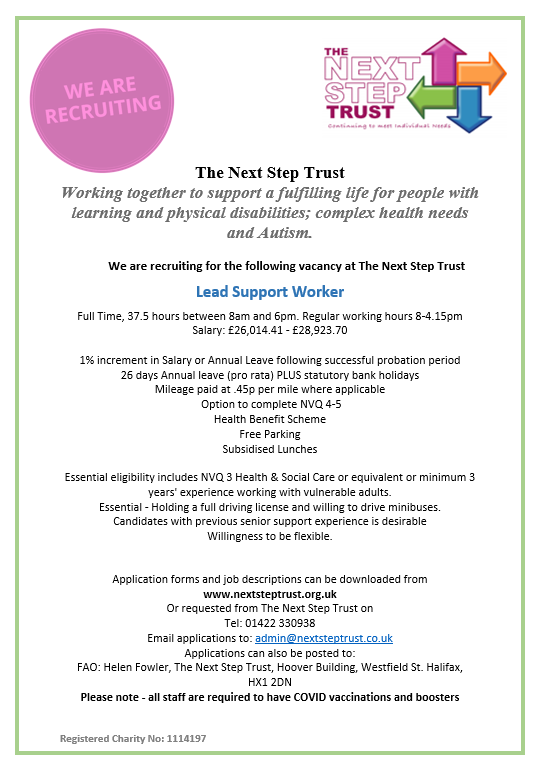nextsteptrust's tweet image. 👋 Are you looking for a change of environment or role? We have a rare vacancy for a Lead Support Worker role at our day Service based in Halifax. Find more info and additional vacancies here... nextsteptrust.org.uk/jobs/vacancies/