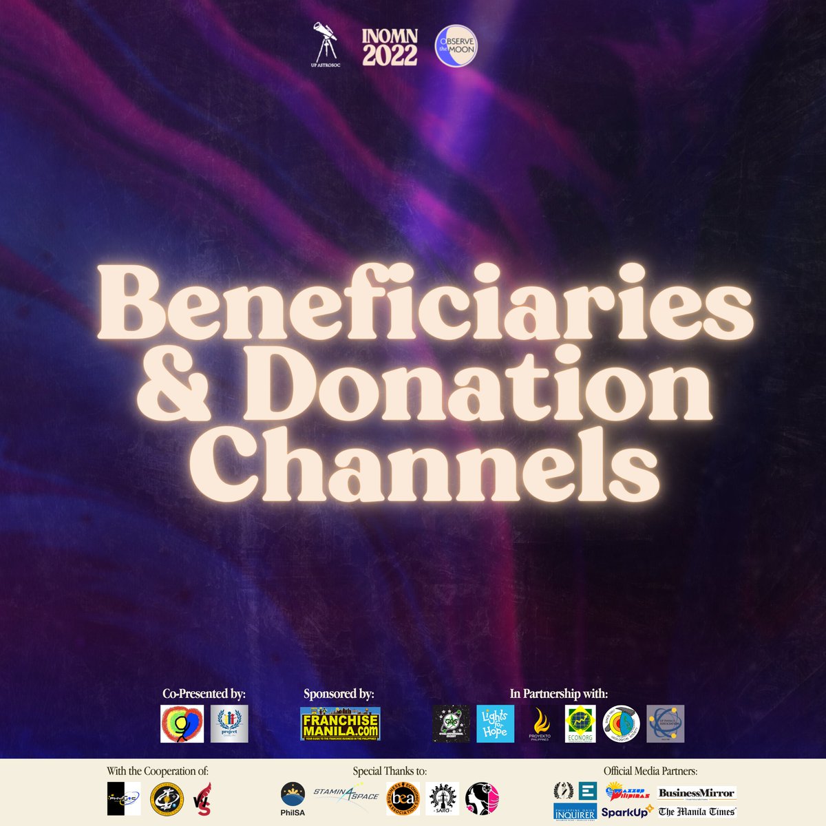 upastrosoc's tweet photo. 3 days away from InOMN 2022 celebration! In place of the registration process from traditional InOMNs, the event is now free and open to the public, with donation drives for our selected beneficiaries. Get to know them more here!

#InOMN2022
#ObserveTheMoon
#ReminiscingTheFuture https://t.co/o9UqiyWrge