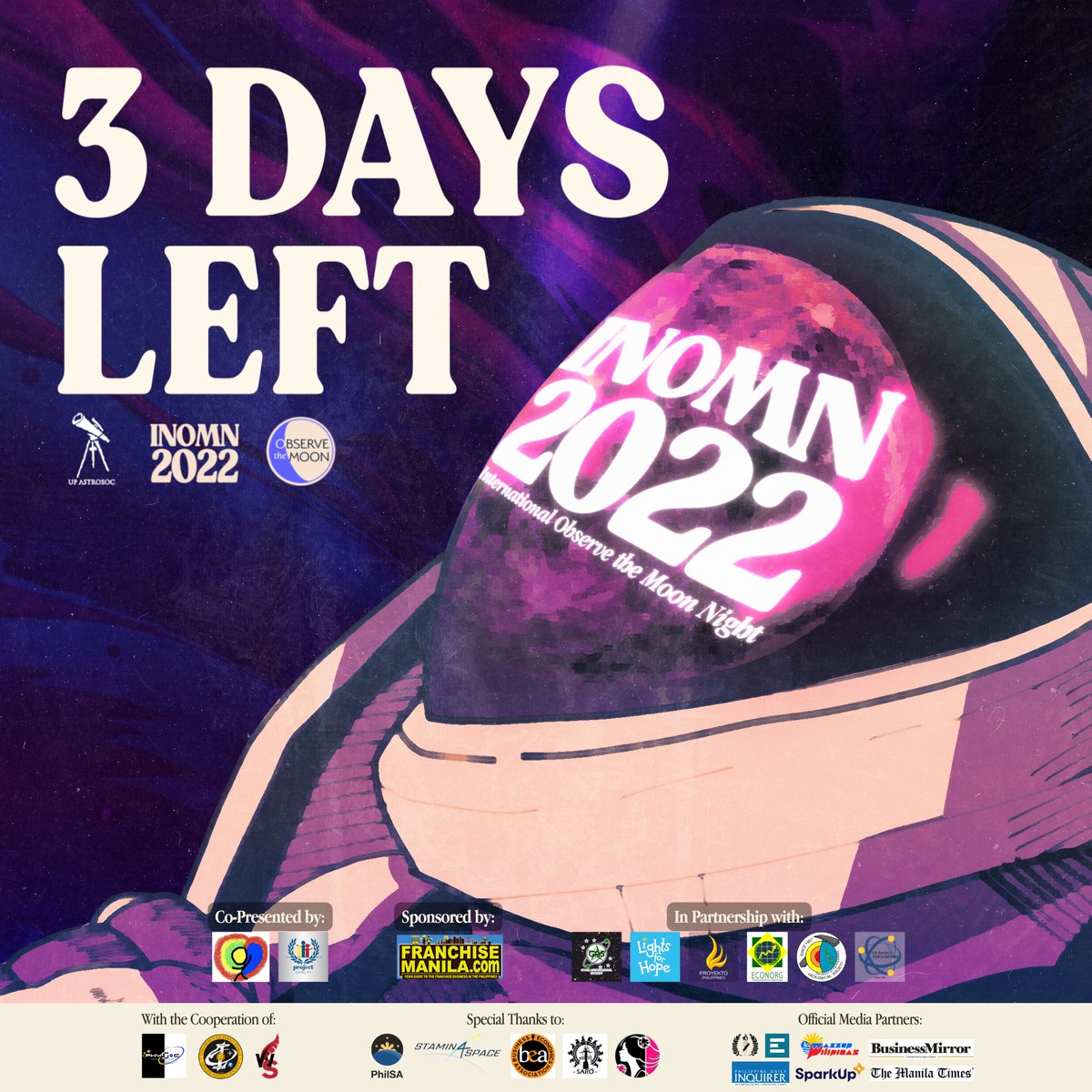 upastrosoc's tweet photo. 3 days away from InOMN 2022 celebration! In place of the registration process from traditional InOMNs, the event is now free and open to the public, with donation drives for our selected beneficiaries. Get to know them more here!

#InOMN2022
#ObserveTheMoon
#ReminiscingTheFuture https://t.co/o9UqiyWrge