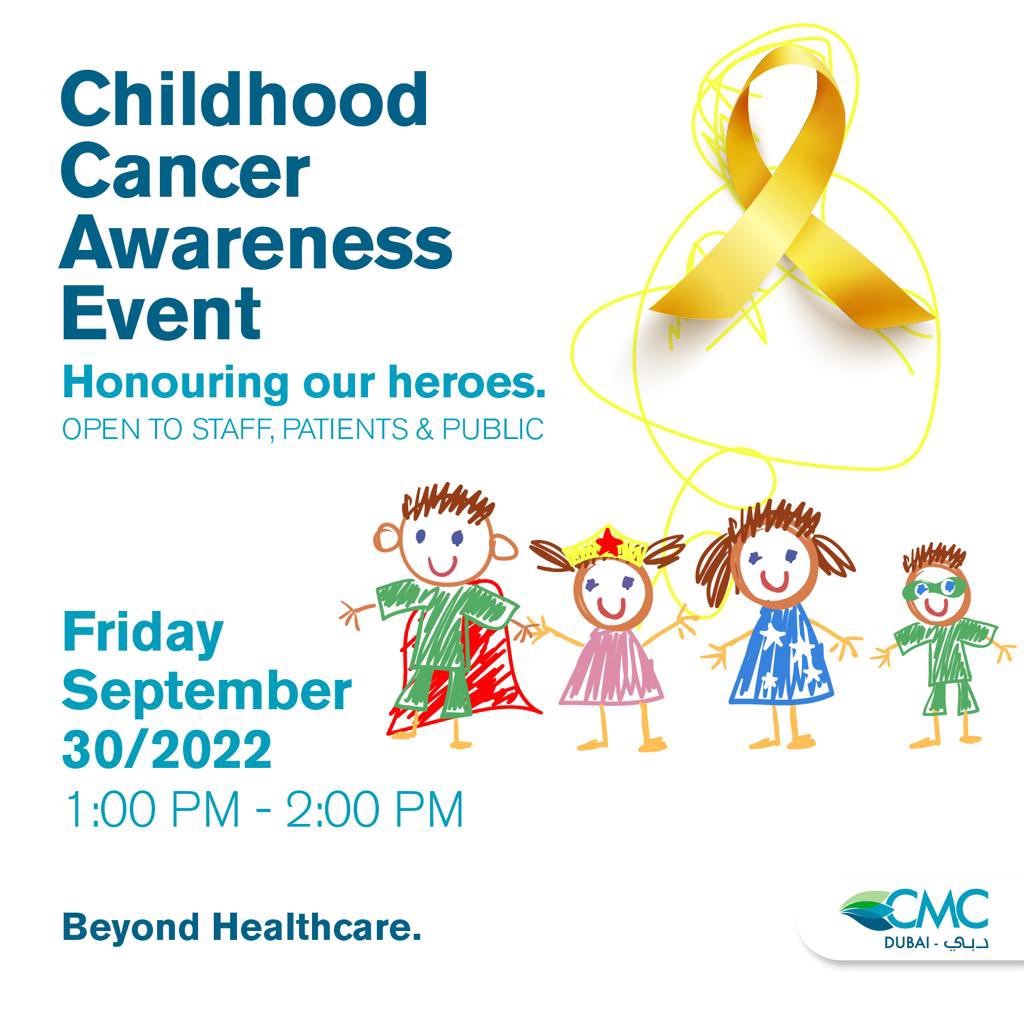 cmc_dubai's tweet photo. يدعو مستشفى مركز كليمنصو الطبي بدبي الجميع إلى الاحتفاء بأبطالنا عبر محادثات تعليمية وألعاب مسلية خلال حدث التوعية بسرطان الأطفال الذي سيقام يوم الجمعة 30 سبتمبر 2022. 
للمزيد من المعلومات، اتصلوا بنا على 392 262 800 https://t.co/ut4mAcc7PA