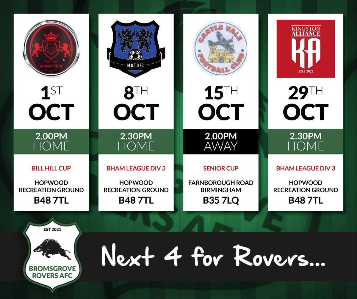 ⚽️ Fixtures Update ⚽️

Our next 4 games have been announced for October with 3 home games and 1 away game.

We welcome <a href="/LionsHuman/">Human Code Lions</a>, <a href="/MOTDFC/">MOTD FC</a> and <a href="/KingstonAll22/">Kingston Alliance</a> to Hopwood with an away game to <a href="/CVSpitfires/">Castle Vale Town Football Club 'The Spitfires'</a> 

#greenarmy