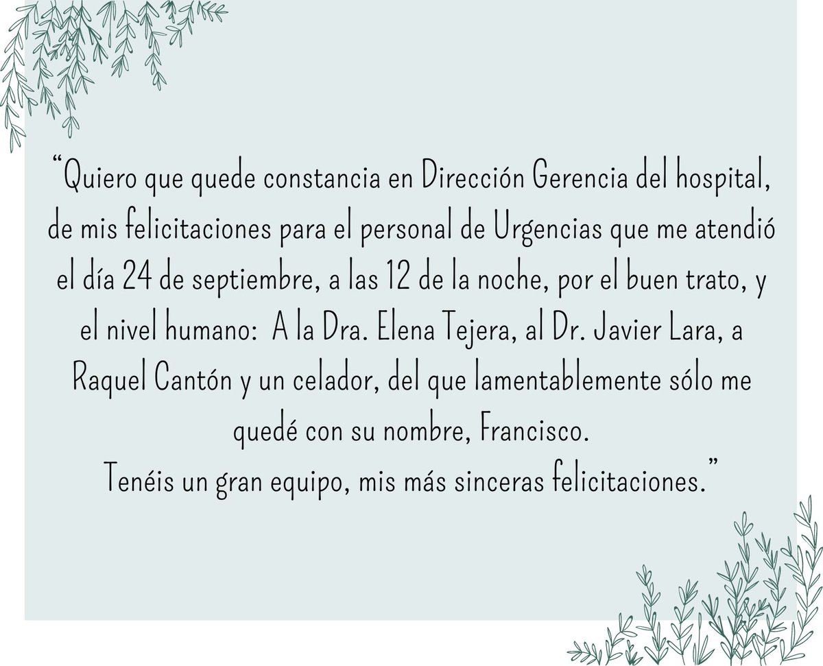 Hospital Universitario Poniente (@huniv_poniente) on Twitter photo Nos emociona recibir el agradecimiento de R. V., paciente atendida recientemente en Urgencias del #HUnivPoniente y a la que deseamos una pronta recuperación. Gracias por tus palabras!!!!
#SomosPoniente #PonienteContigo #ININUR
<a href="/saludand/">Consejería de Salud y Consumo</a> <a href="/AlmeriaJunta/">AlmeríaJunta</a> <a href="/HumanizAndal/">HumanizAndalucía</a> Nos emociona recibir el agradecimiento de R. V., paciente atendida recientemente en Urgencias del #HUnivPoniente y a la que deseamos una pronta recuperación. Gracias por tus palabras!!!!
#SomosPoniente #PonienteContigo #ININUR
<a href="/saludand/">Consejería de Salud y Consumo</a> <a href="/AlmeriaJunta/">AlmeríaJunta</a> <a href="/HumanizAndal/">HumanizAndalucía</a>