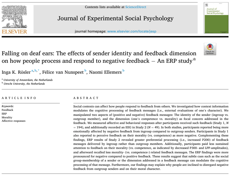 IngaRoesler's tweet photo. 🧵How do social context factors influence how feedback is received? Our new research using a combination of self-report, behavioral, and neuroscientific (EEG) methods is now published in JESP https://t.co/cCLMscd8mi   (1/6) https://t.co/WBzdU655J5