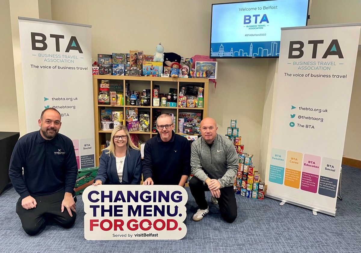VisitBelfastBiz's tweet photo. The amazing team from #BTABelfast2022 pictured handing over their donations to @pk_belfast. Each delegate who attended this years event donated 1 tin and 1 toy to the Christmas appeal for this local Belfast food bank. #ThePowerOfEvents 

#ChangingTheMenu https://t.co/S4y5zEtibN