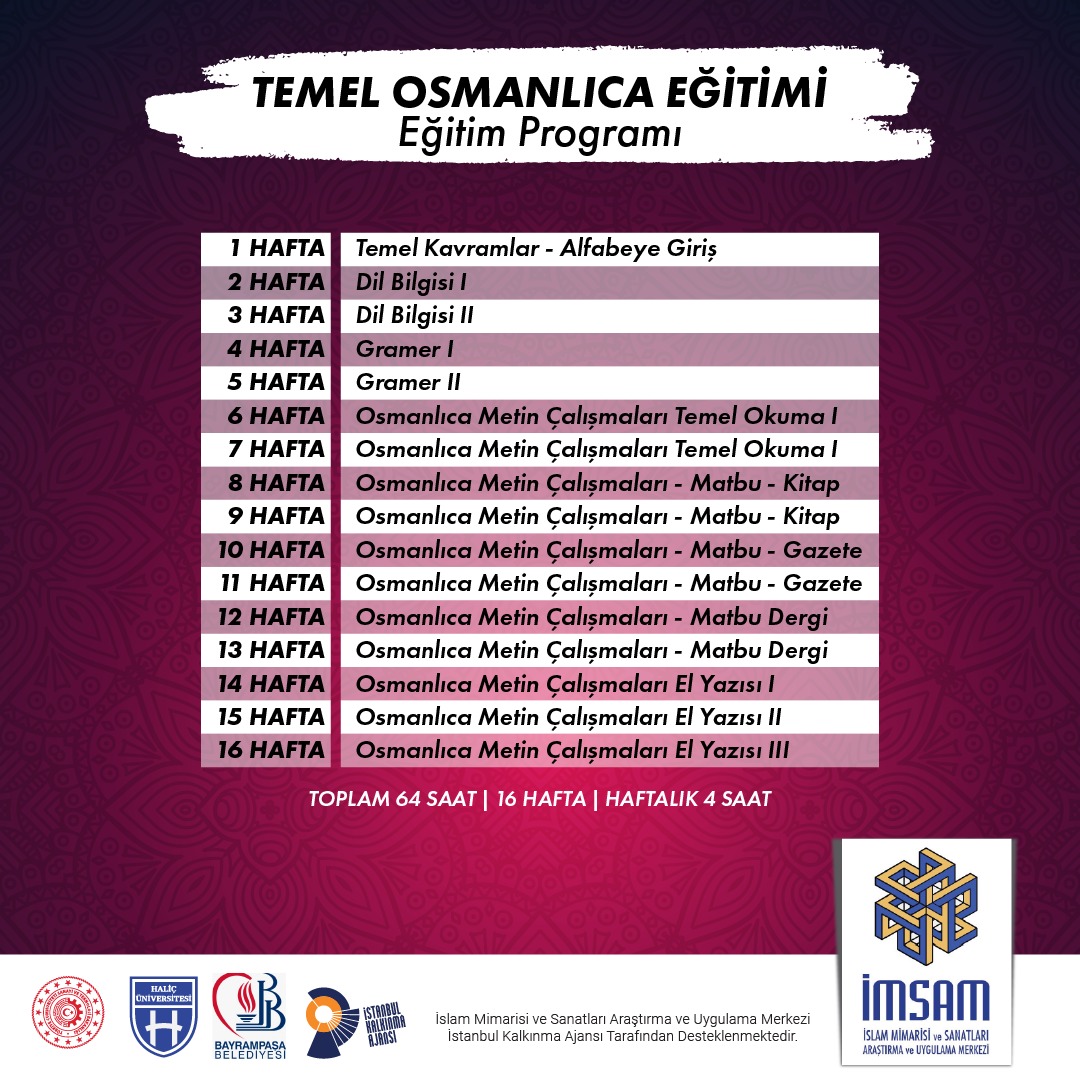 halicimsam's tweet photo. İstanbul Kalkınma Ajansı tarafınca desteklenen “İslam Mimarisi ve Sanatları Araştırma ve Uygulama Merkezi” projesi kapsamında gerçekleşecek olan eğitimlerden “Temel Osmanlıca Eğitimi”programı✨ https://t.co/g7AmgKf2Ko