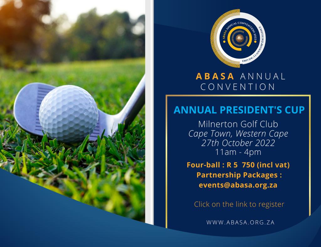 ABASA_National's tweet photo. Countdown to Our ABASA Annual Convention. Please join us on the 27th of October at Milnerton Golf Club in Cape Town for the ABASA Annual President's Cup.
Click on link to Register and to see Four-ball prices
https://t.co/z77hvuLlvr
#ABASAConvention #Theflagshipevent #proudlyabasa https://t.co/Ge1ofFOE3p