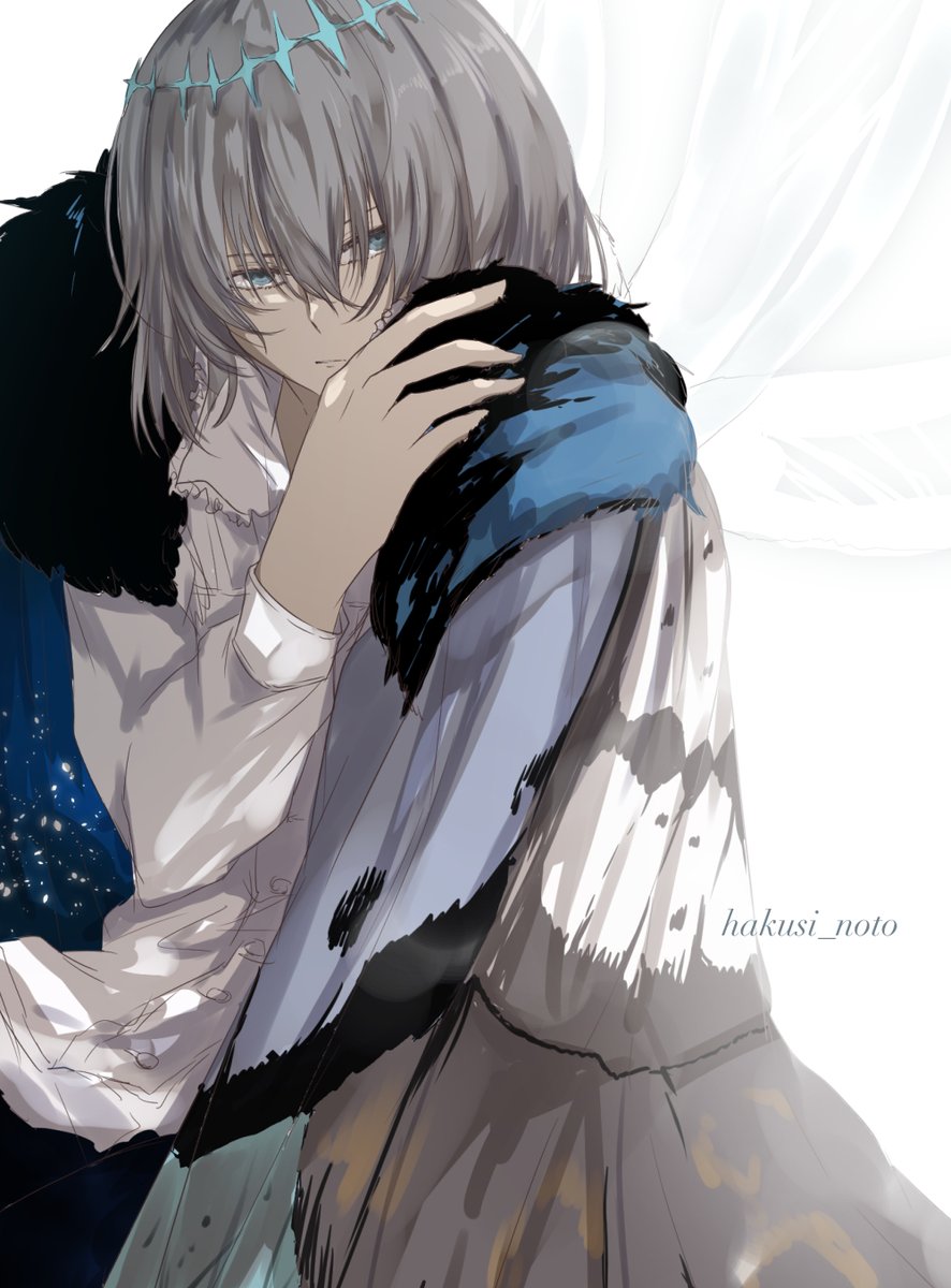 oberon (fate) 1boy male focus solo blue eyes crown wings grey hair  illustration images