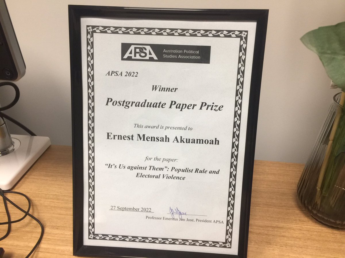 Excited to have won the postgraduate paper prize <a href="/AusPSA/">APSA Australia</a> 22. Grateful to my amazing supervisor <a href="/richwfrank/">Richard Frank</a> and the excellent faculty <a href="/politicsANU/">ANU School of Politics & International Relations</a>.