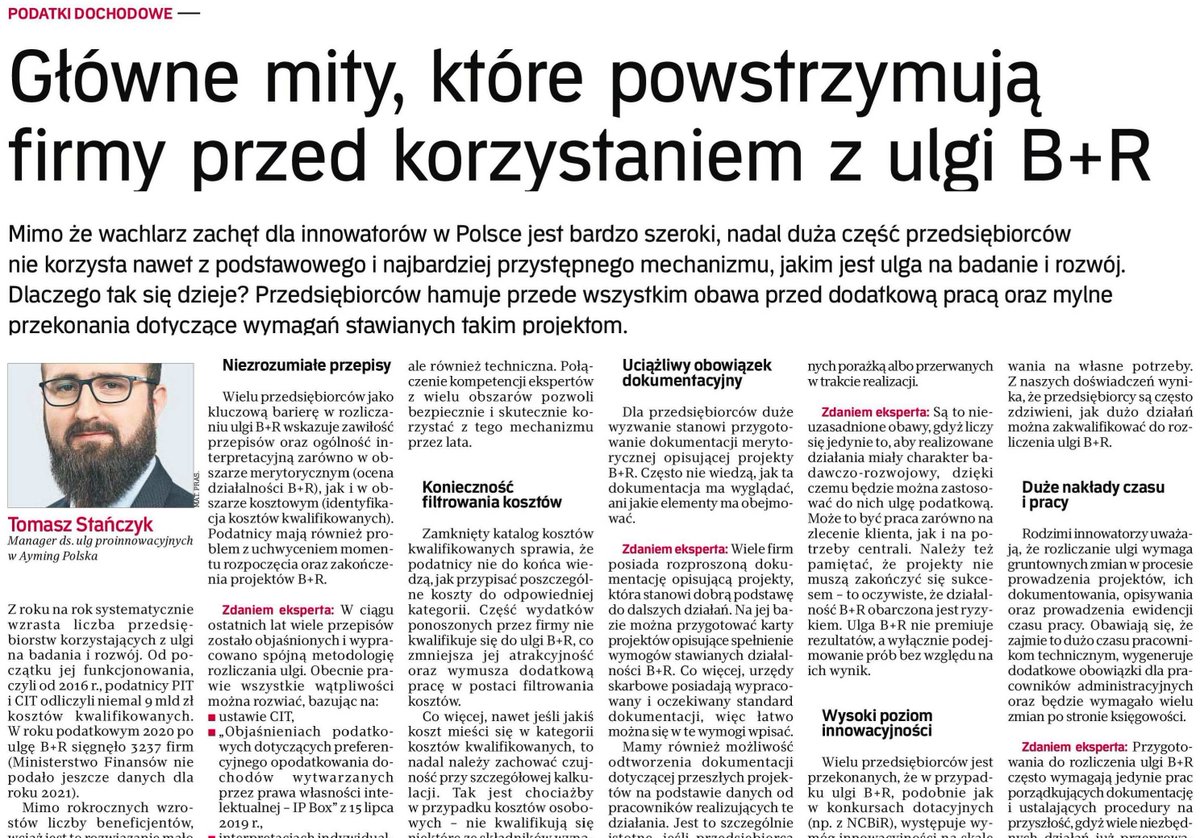 ayming_pl's tweet photo. W dzisiejszym wydaniu @rzeczpospolita Tomasz Stańczyk obala główne mity związane z rozliczeniem ulgi B+R. https://t.co/RoVXAoPkyO