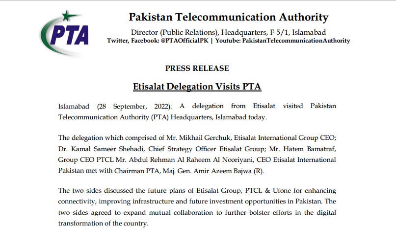 Press Release: A delegation from Etisalat visited Pakistan Telecommunication Authority (PTA) Headquarters, Islamabad today.