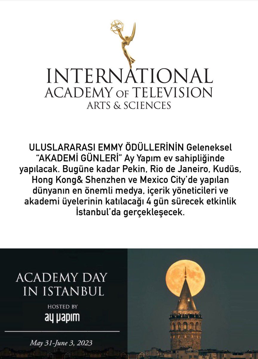 ayyapim's tweet photo. ULUSLARARASI EMMY ÖDÜLLERİNİN Geleneksel “AKADEMİ GÜNLERİ” Ay Yapım ev sahipliğinde yapılacak. #ayyapım #iemmy https://t.co/QLSvlAkoXS
