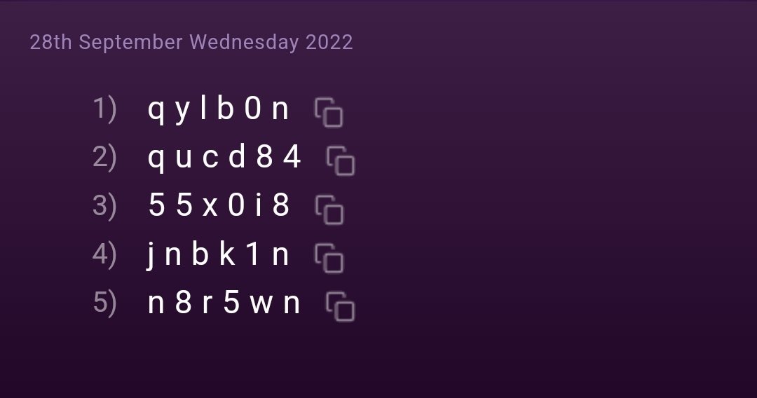 Code : qylb0n

Code : qucd84

Code : 55x0i8

Code : jnbk1n

Code : n8r5wn

#gariminingcodes