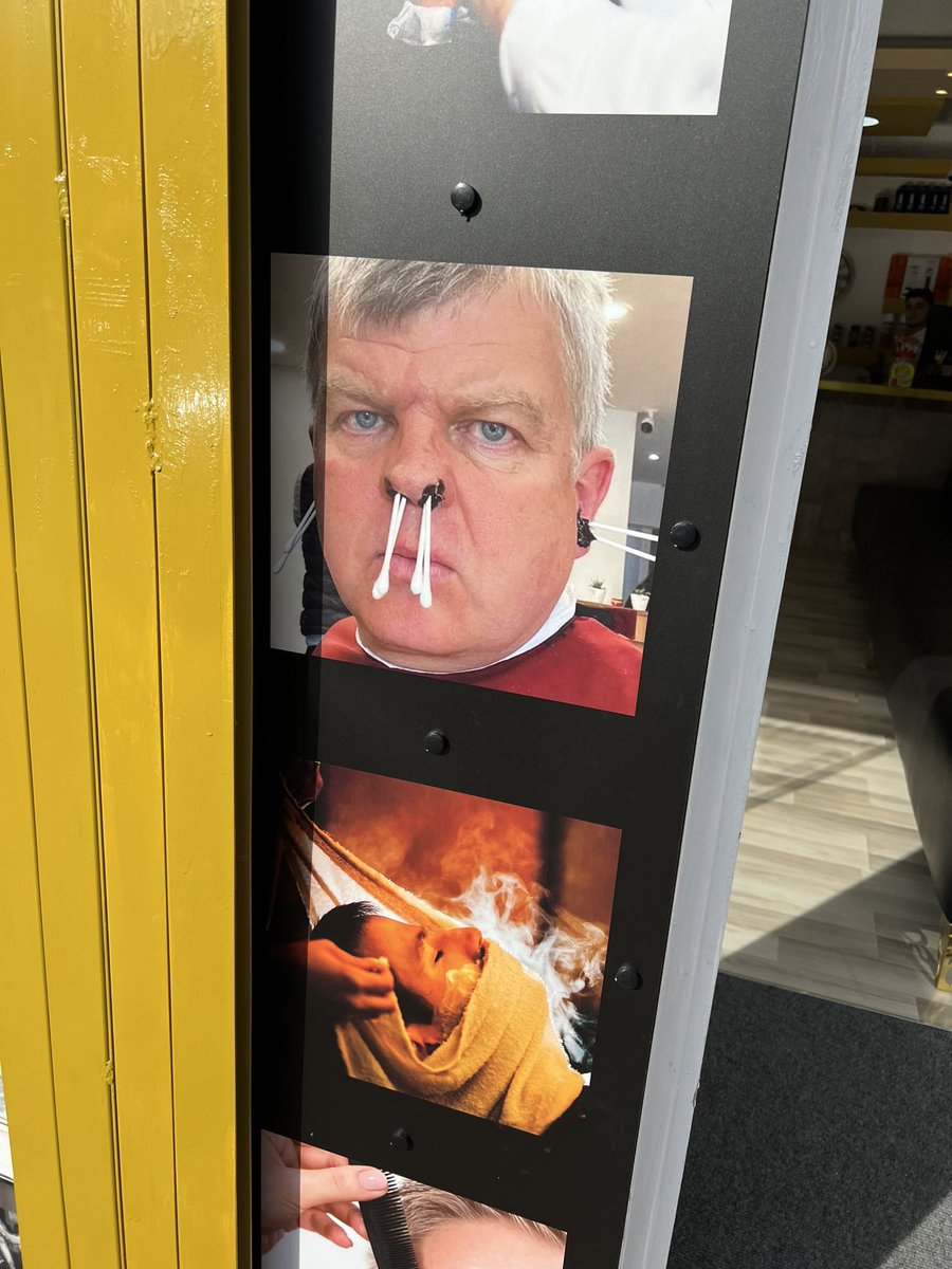 vodathan's tweet image. So many questions.

Does Adrian Chiles really go to my local Bristol barber?
Did he ask for this?
But mostly, why did I also have the nasal waxing after seeing this?