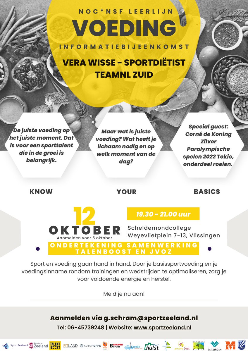 🍎EAT, sleep, train, repeat!🥑
Wil jij ook het beste uit je trainingen en wedstrijden halen? 
Meld je snel aan voor de sessie 'voeding' en leer welke voedingsstoffen je op welk moment van de dag het beste kan innemen! 💪
#talentboost #talenvollesporters #voeding #zeeland