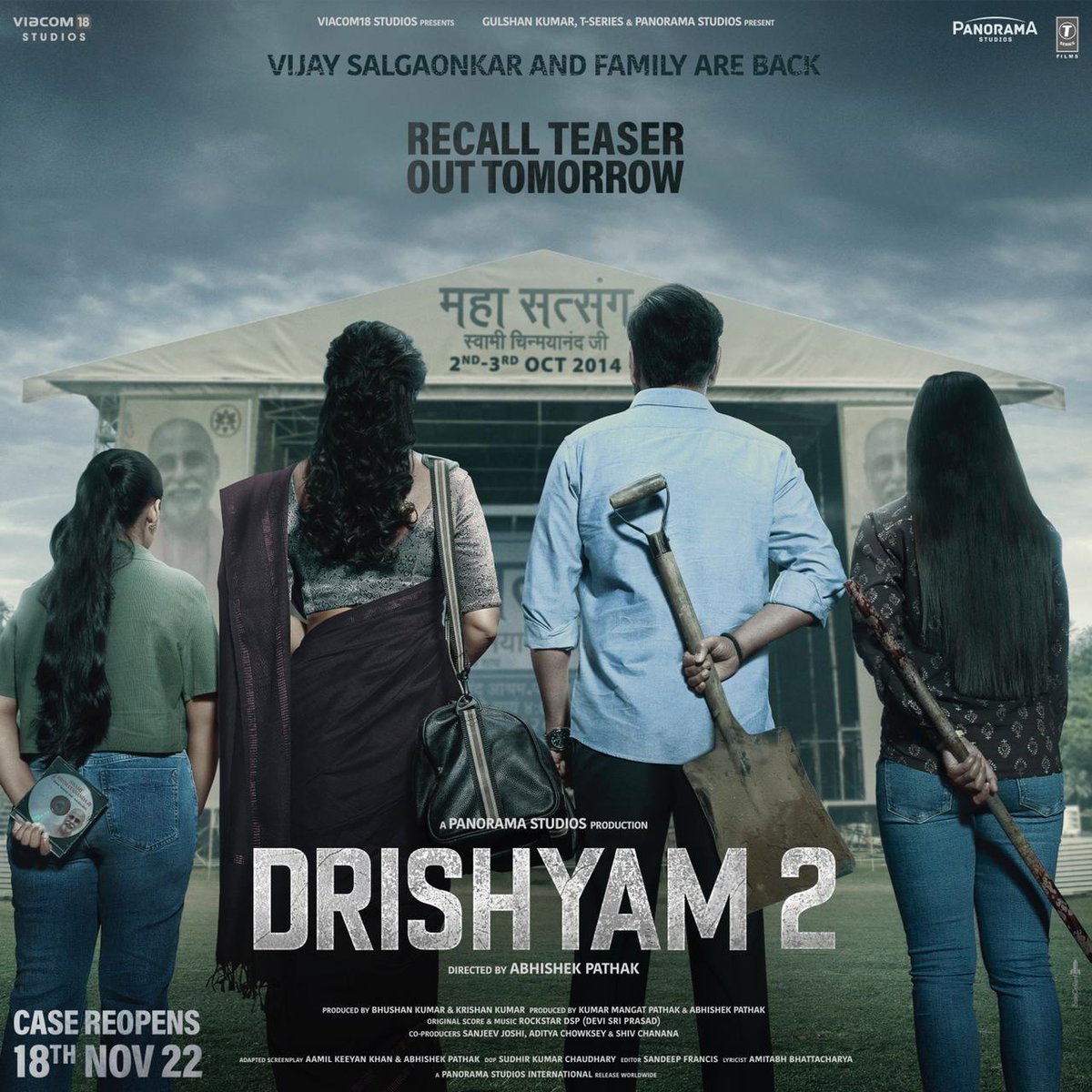 taran_adarsh's tweet photo. AJAY DEVGN: 'DRISHYAM 2' FIRST LOOK POSTER + TEASER TOMORROW... #FirstLook poster of #Drishyam2, starring #AjayDevgn... Costars #AkshayeKhanna, #Tabu, #ShriyaSaran, #RajatKapoor and #IshitaDutta... Directed by #AbhishekPathak... Recall teaser tomorrow. https://t.co/c4DQzVAsMU