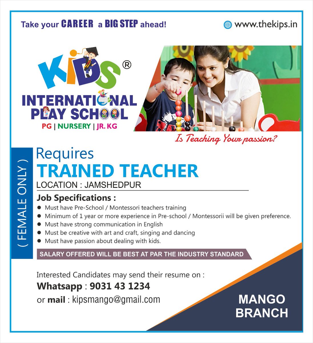 KidsInternatio5's tweet photo. Apply now for the best ever experience...

WhatsApp: 9031431234
Mail : kipsmango@gmail.com

#vacancy #ApplyNow #jobsearch #joboffer #bestplayschool #grabitnow #opportunity #www.thekips.in #9031441234 #KidsInternationalPlaySchool #Jamshedpur #KIPS https://t.co/Kgk4khOMJe
