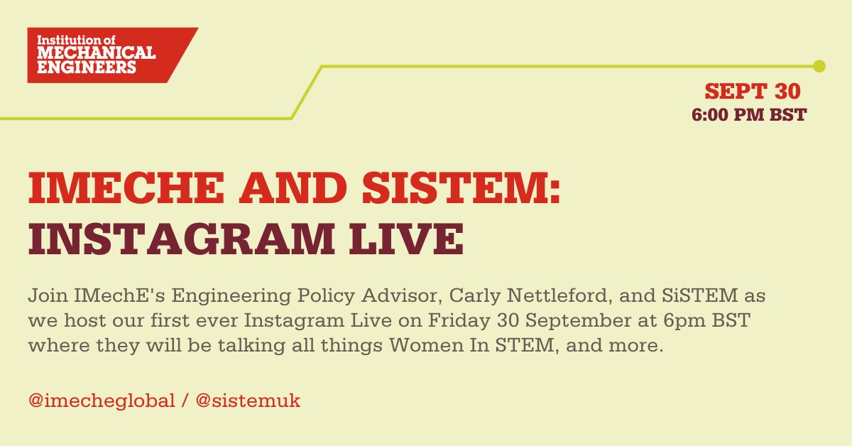 IMechE's tweet photo. Join us on Friday as we host our first ever Instagram Live🤳

IMechE's Engineering Policy Advisor, @carlynettleford will be joining SiSTEM on Instagram, discussing all things Women In STEM!

Follow us to tune in ➡️ @imecheglobal

#InstagramLive #WomenInSTEM #STEM #IMechESTEM https://t.co/jPxghfEPdW