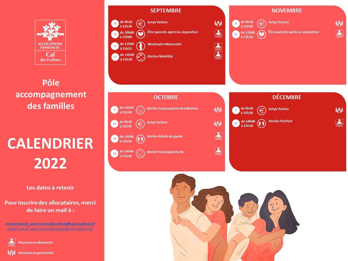 Caf_Yvelines's tweet photo. #OFFREDESERVICE Les travailleurs sociaux de la Caf des Yvelines accompagnent les familles yvelinoises dans leur parcours de vie : modes de garde, mobilité, logement, séparation...
Découvrez l'ensemble des actions prévues pour le second semestre 2022 dans le calendrier ci-joint 👇 https://t.co/fskANZDNqd
