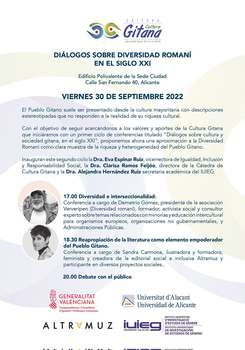 Difundimos la Jornada “Diálogos sobre diversidad romaní en el Siglo XXI” de la Cátedra de Cultura Gitana, que tendrá lugar el próximo viernes 30 de septiembre en la <a href="/UA_Universidad/">Universidad de Alicante UA</a>.   #CatedraCulturaGitana
institutoculturagitana.es/el-proximo-30-…