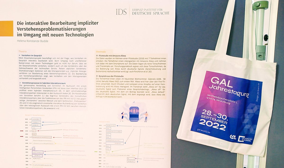 Helena Budde (@buddehel) on Twitter photo Mein #Poster auf der <a href="/galwue22/">GAL-Sektionentagung 2022</a> hängt. Bin schon sehr gespannt auf die Poster-Session und die #Sektionsvorträge.
Morgen Nachmittag startet dann auch das Programm der Sektion zur #Gesprächsforschung.
<a href="/IDS_Mannheim/">IDS Mannheim</a> <a href="/olofflo/">Florence Oloff</a> <a href="/JPawels/">Julia Pawels</a> Mein #Poster auf der <a href="/galwue22/">GAL-Sektionentagung 2022</a> hängt. Bin schon sehr gespannt auf die Poster-Session und die #Sektionsvorträge.
Morgen Nachmittag startet dann auch das Programm der Sektion zur #Gesprächsforschung.
<a href="/IDS_Mannheim/">IDS Mannheim</a> <a href="/olofflo/">Florence Oloff</a> <a href="/JPawels/">Julia Pawels</a>