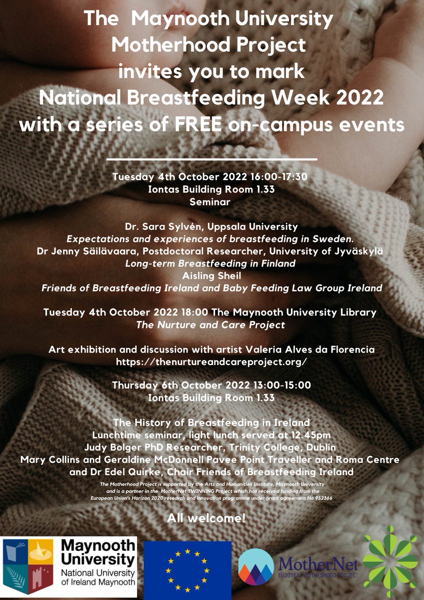 Mother_Cultures's tweet photo. Join us @MaynoothUni next week, where the #Motherhood Project, in association with @Mother_Net, is planning a number of public communication events to mark National #Breastfeeding Week! https://t.co/hg0AddJDtg