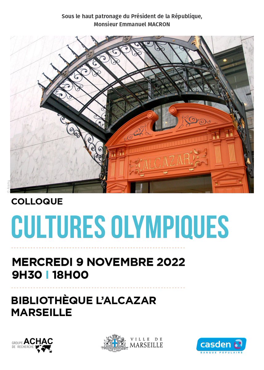 ACHAC_Officiel's tweet photo. 💡Participez au colloque Cultures Olympiques à l’Alcazar le 9 novembre 2022 (9h30-18h). Organisé par @marseille, @Casden_BP et @ACHAC_Officiel, le colloque explorera les aspects culturels de l’#olympisme — #médias, #littérature, #cinéma, #art, #musée et #patrimoine. https://t.co/ApYchL1Y4F