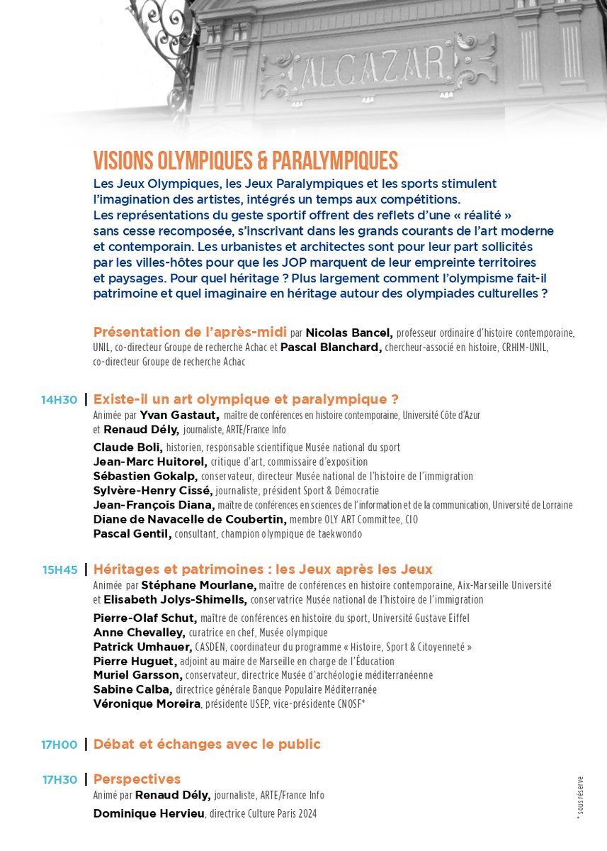 ACHAC_Officiel's tweet photo. 💡Participez au colloque Cultures Olympiques à l’Alcazar le 9 novembre 2022 (9h30-18h). Organisé par @marseille, @Casden_BP et @ACHAC_Officiel, le colloque explorera les aspects culturels de l’#olympisme — #médias, #littérature, #cinéma, #art, #musée et #patrimoine. https://t.co/ApYchL1Y4F