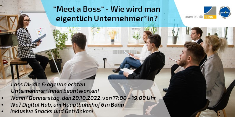Wie wird man eigentlich Unternehmer*in? Finde es heraus bei 'Meet a Boss' von der @UniBonn zusammen mit der @IHK_Bonn. In lockerer Runde bei 🍕und 🍺. 🗓️Do, 20.10., 17-19 Uhr Wo? Digital Hub, Am Hauptbahnhof 6 👉uni-bonn.de/de/forschung-l…